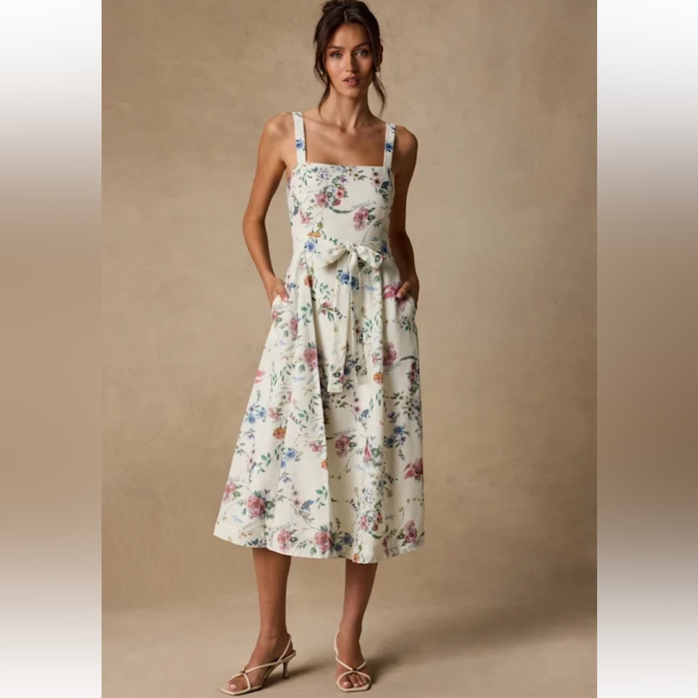 Lulus Floral White Midi Dress with Spaghetti Straps size Small NEW #3G